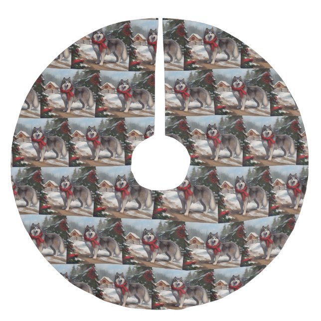 Alaskan Malamute Dog im Schnee Weihnachten Polyester Weihnachtsbaumdecke (Vorderseite)