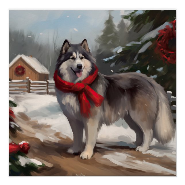 Alaskan Malamute Dog im Schnee Weihnachten Poster (Vorderseite)
