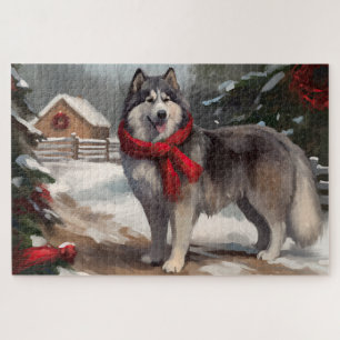 Alaskan Malamute Dog im Schnee Weihnachten Puzzle