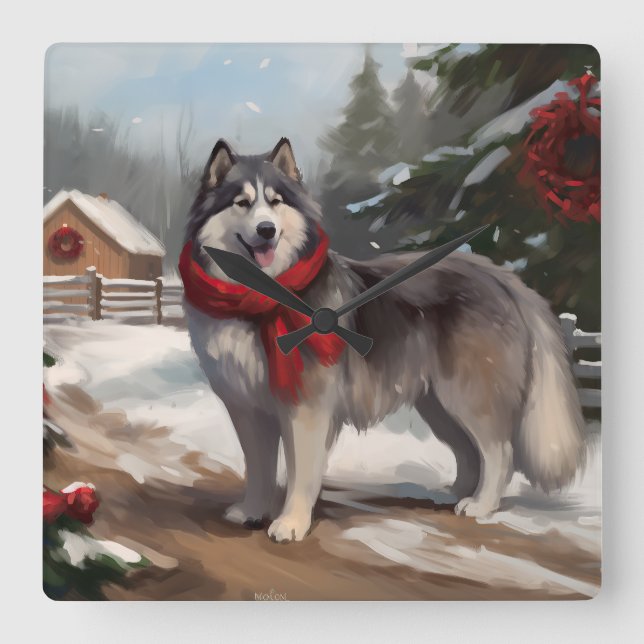 Alaskan Malamute Dog im Schnee Weihnachten Quadratische Wanduhr (Vorderseite)