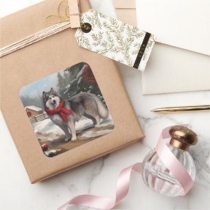 Alaskan Malamute Dog im Schnee Weihnachten Quadratischer Aufkleber