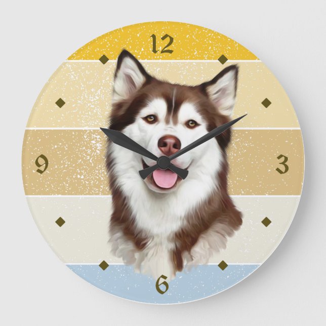 Alaskan Malamute Dog Retro Sunset Clock Große Wanduhr (Vorderseite)