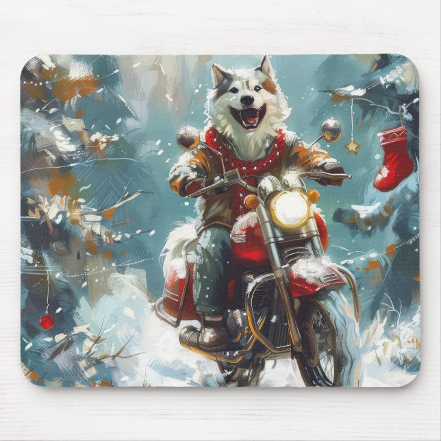 Alaskan Malamute Dog Riding Motorrad Weihnachten Mousepad (Vorne)