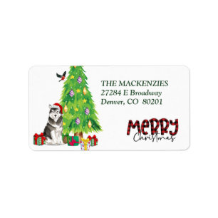 Alaskan Malamute Dog und Weihnachtsbaum Adressaufkleber