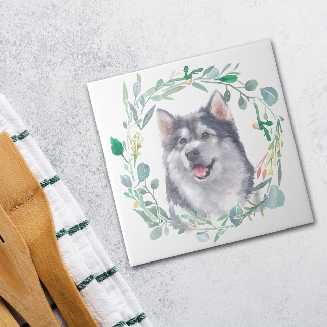 Alaskan Malamute Dog Watercolor Wreath Fliese (Von Creator hochgeladen)