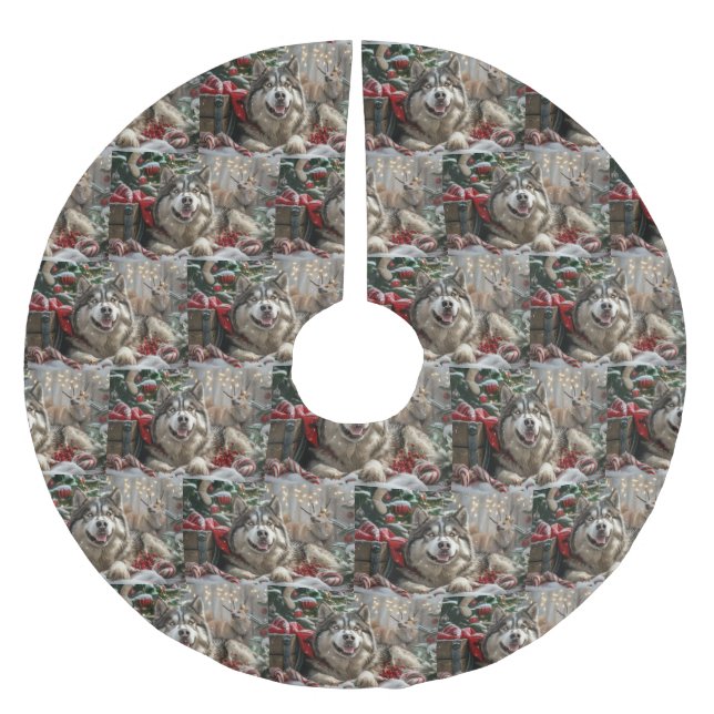 Alaskan Malamute Dog Weihnachtsfest Polyester Weihnachtsbaumdecke (Vorderseite)