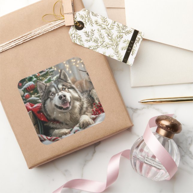Alaskan Malamute Dog Weihnachtsfest Quadratischer Aufkleber (Schenken)