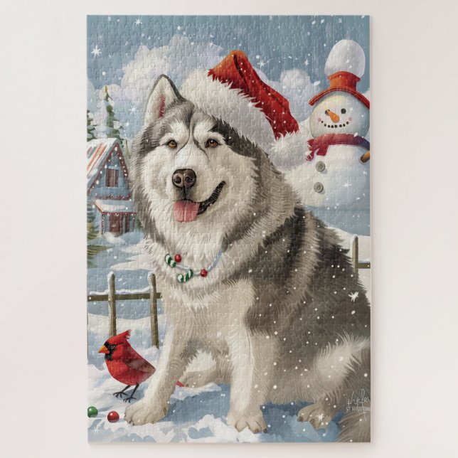 Alaskan Malamute Dog Winter Wunderland Weihnachten Puzzle (Vertikal)