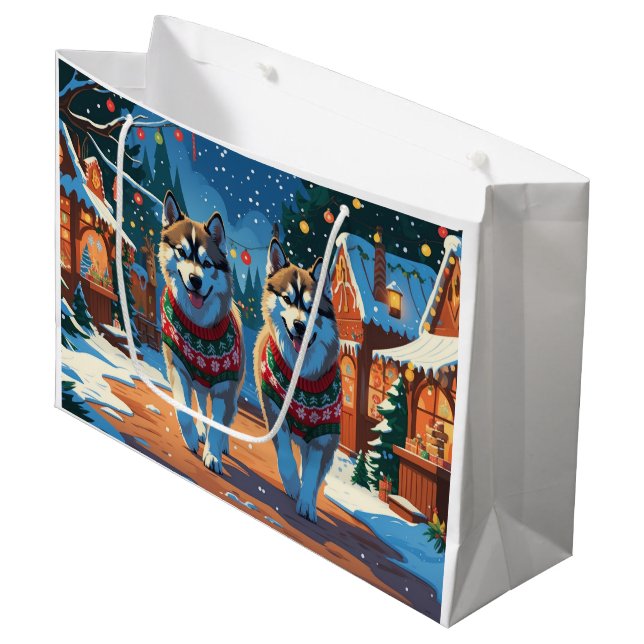 Alaskan Malamute Dogs Christmas Snow Holiday  Große Geschenktüte (Vorderseite Schrägansicht)
