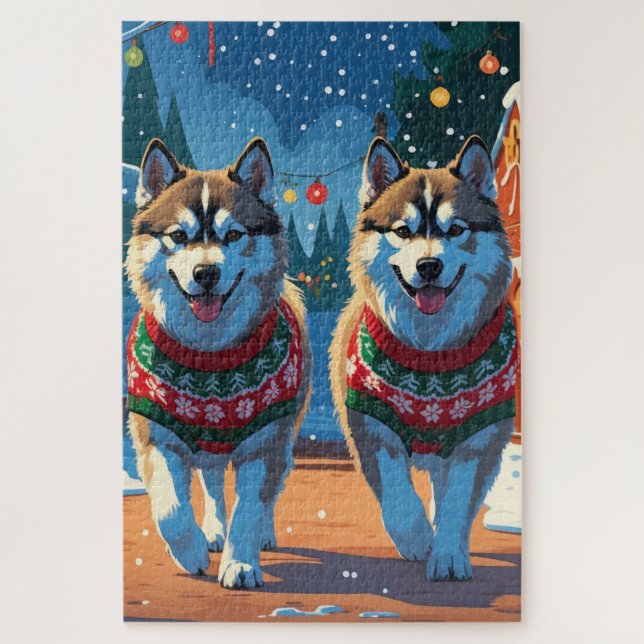Alaskan Malamute Dogs Christmas Snow Holiday  Puzzle (Vertikal)