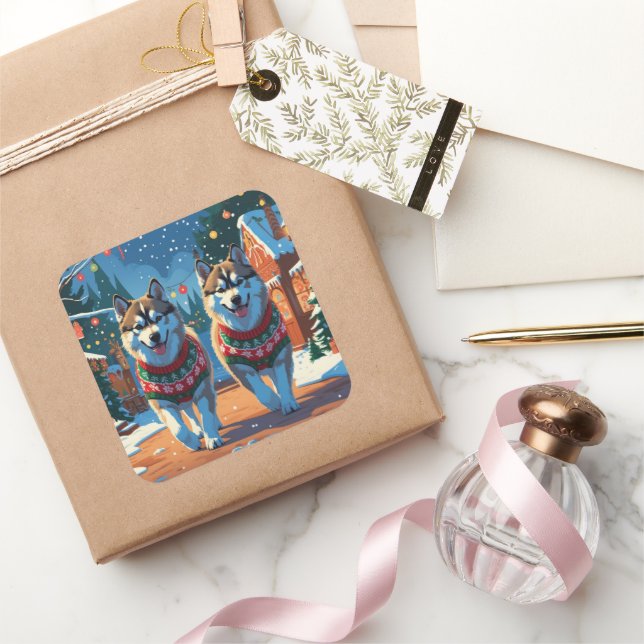 Alaskan Malamute Dogs Christmas Snow Holiday  Quadratischer Aufkleber (Schenken)