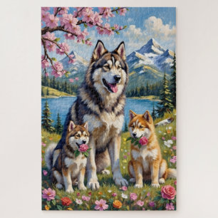 Alaskan Malamute Familienwiesen-Kunst Puzzle