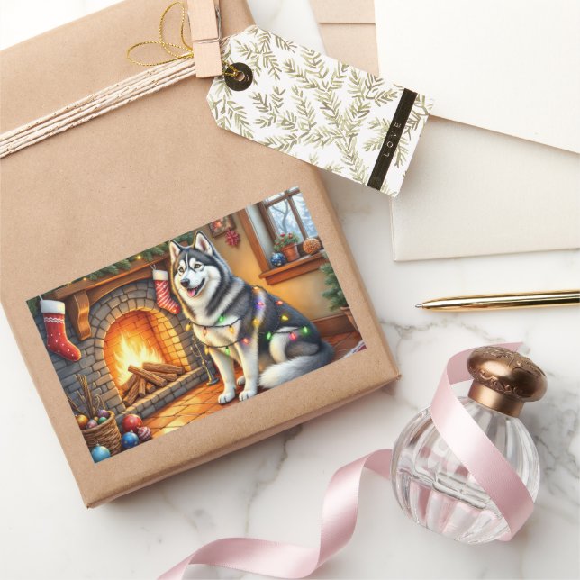 Alaskan Malamute Fireplace with Christmas Lights Rechteckiger Aufkleber (Schenken)