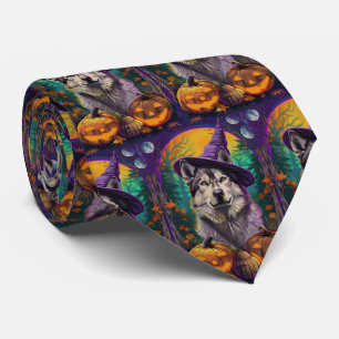 Alaskan Malamute Halloween Hexe und Kürbis Krawatte
