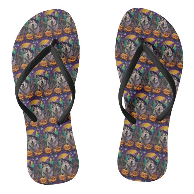 Alaskan Malamute Halloween Hexe und Pumpkin Flip Flops (Fußbett)