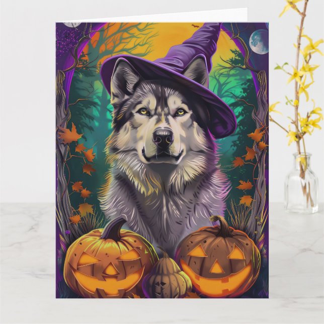 Alaskan Malamute Halloween Hexe und Pumpkin Karte (Gelbe Blume)