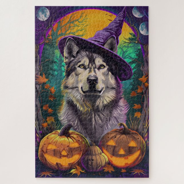 Alaskan Malamute Halloween Hexe und Pumpkin Puzzle (Vertikal)