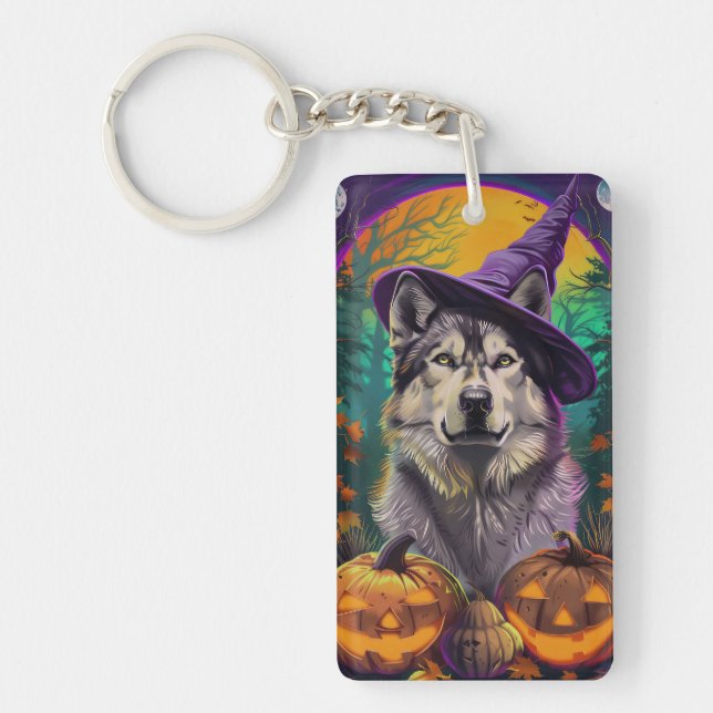 Alaskan Malamute Halloween Hexe und Pumpkin Schlüsselanhänger (Vorderseite)