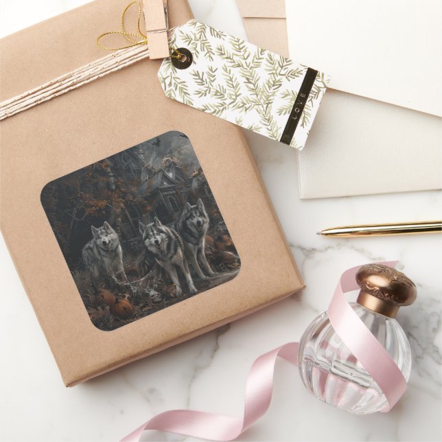 Alaskan Malamute Halloween Night Doggy Delight Quadratischer Aufkleber (Schenken)