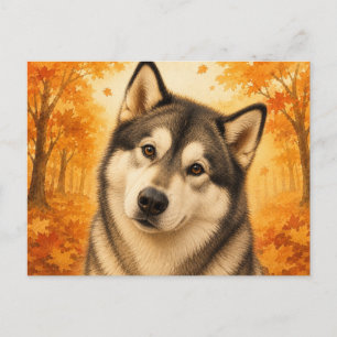 Alaskan Malamute Herbstwald Hund Postkarte