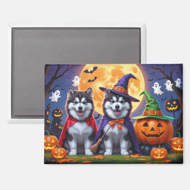 Alaskan Malamute Hogs Pumpkin Halloween Funny Magnet (Vorderseite/Rückseite)