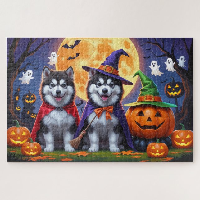 Alaskan Malamute Hogs Pumpkin Halloween Funny Puzzle (Horizontal)