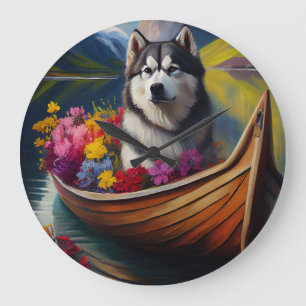Alaskan Malamute Hund auf Paddel: Ein landschaftli Große Wanduhr