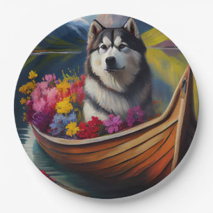 Alaskan Malamute Hund auf Paddel: Ein landschaftli Pappteller