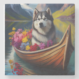 Alaskan Malamute Hund auf Paddel: Ein landschaftli Steinuntersetzer