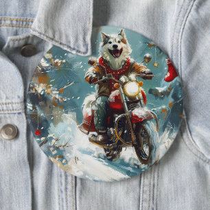 Alaskan Malamute Hund fährt Motorrad Weihnachten  Button