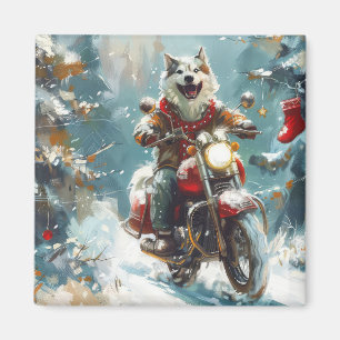 Alaskan Malamute Hund fährt Motorrad Weihnachten  Magnet