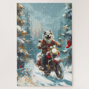 Alaskan Malamute Hund fährt Motorrad Weihnachten  Puzzle