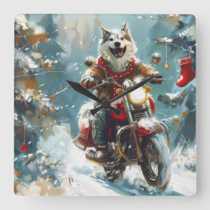 Alaskan Malamute Hund fährt Motorrad Weihnachten Quadratische Wanduhr