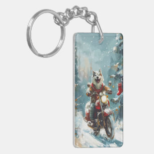 Alaskan Malamute Hund fährt Motorrad Weihnachten Schlüsselanhänger