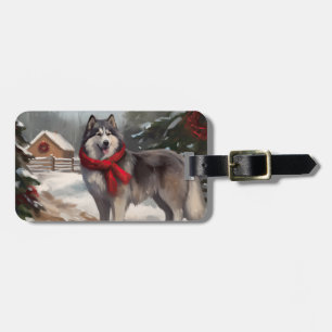 Alaskan Malamute Hund im Schnee Weihnachten Gepäckanhänger