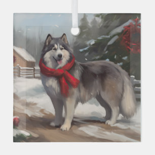 Alaskan Malamute Hund im Schnee Weihnachten Ornament Aus Glas