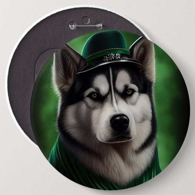 Alaskan Malamute Hund in St. Patrick's Day Dress Button (Vorne & Hinten)