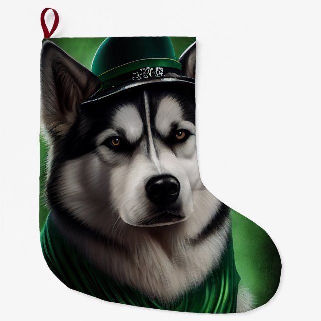 Alaskan Malamute Hund in St. Patrick's Day Dress Großer Weihnachtsstrumpf (Vorderseite)