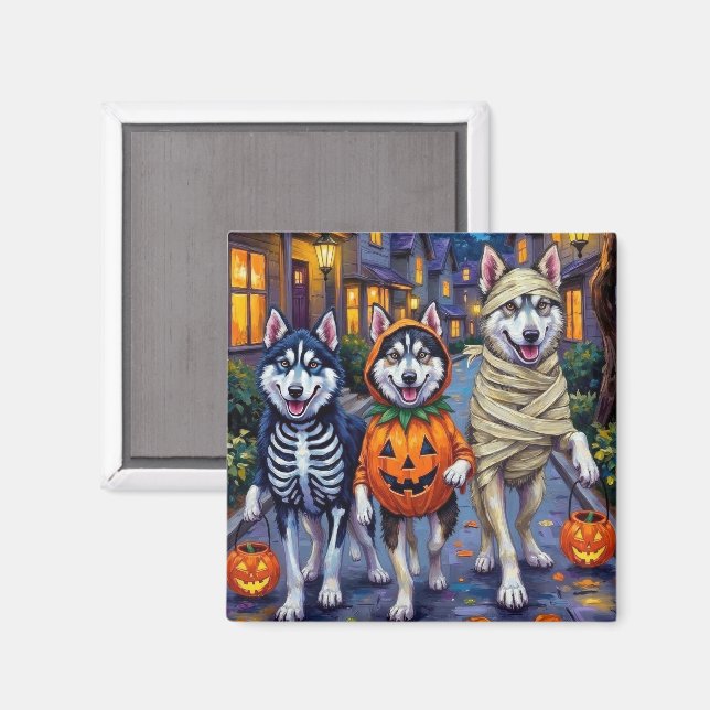 Alaskan Malamute Hunde Trick-or-Treating Halloween Magnet (Vorderseite/Rückseite)