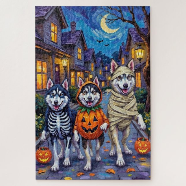 Alaskan Malamute Hunde Trick-or-Treating Halloween Puzzle (Vertikal)