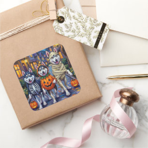 Alaskan Malamute Hunde Trick-or-Treating Halloween Quadratischer Aufkleber