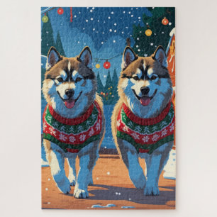 Alaskan Malamute Hunde Weihnachten Schnee Urlaub  Puzzle