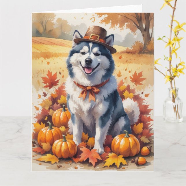 Alaskan Malamute im Herbst Leaves Erntedank Kunst, Karte (Gelbe Blume)