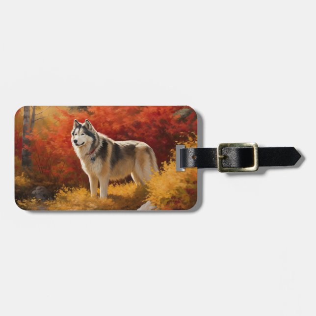 Alaskan Malamute im Herbstfall Inspiriert Gepäckanhänger (Vorderseite horizontal)