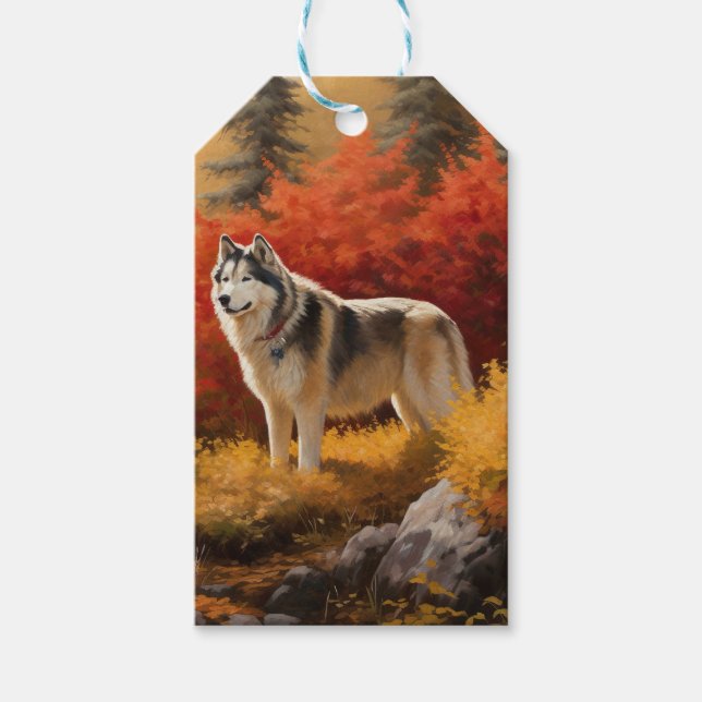 Alaskan Malamute im Herbstfall Inspiriert Geschenkanhänger (Vorderseite)
