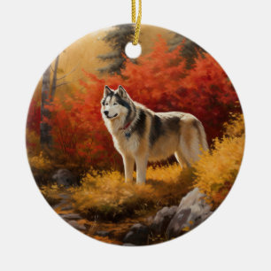Alaskan Malamute im Herbstfall Inspiriert Keramik Ornament