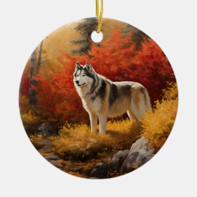 Alaskan Malamute im Herbstfall Inspiriert Keramik Ornament (Vorne)