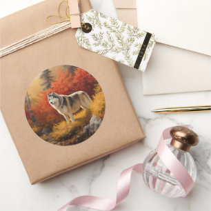 Alaskan Malamute im Herbstfall Inspiriert Runder Aufkleber