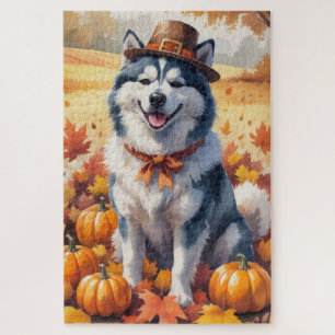 Alaskan Malamute im Herbstlaub Thanksgiving Kunst Puzzle
