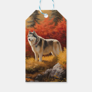Alaskan Malamute im Herbstlaubfall inspiriert Geschenkanhänger